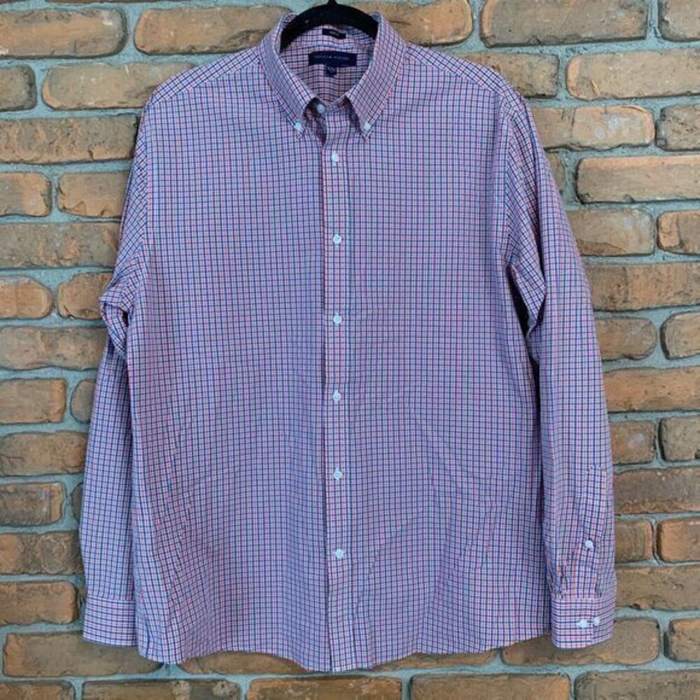 Tommy Hilfiger Mens Shirt Gingham Plaid Button Front Slim Fit Long Sleeve Size L